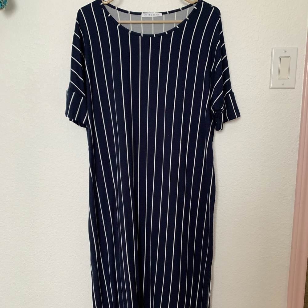 Navy and white striped house dress